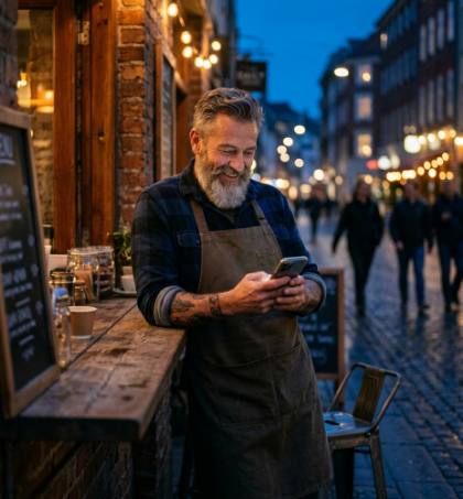 A cafe owner smiling at his phone at his counter