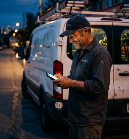 A roofer reading a text on his phone beside his van