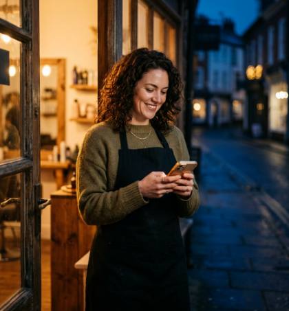 A salon owner smiling at her phone in her shop doorway